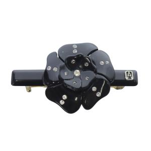 ラインストーン装飾フラワーバレッタ ロゴ 黒 ブラック /SR36