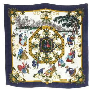 joies d hiver 冬の愉しみ スカーフ 総柄 シルク 青 ブルー カレ90 /SR27 OH