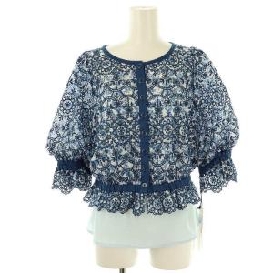 カットワーク刺繍 パフトップス ブラウス 五分袖 38 ブルー /DF OS
