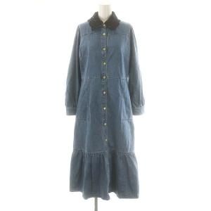 デニム刺繍衿ワンピース ミモレ ロング 長袖 38 紺 ネイビー /AT OS
