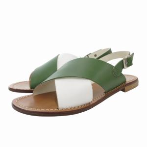 DE03 美品 クロスベルトサンダル フラットサンダル レザー 37 24.0cm 緑 グリーン 白 ホワイト