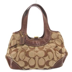 12232 シグネチャー ハンドバッグ 肩掛け がま口 ロゴ キャンバス レザー ベージュ 茶 ブラウン