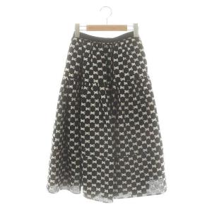 リボンジャガードスカート フレア ロング 0 ブラック ホワイト /DF OS