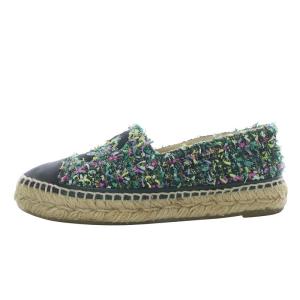 CHANEL フラットシューズ エスパドリーユ ココマーク ツイード 35 グリーン G29762