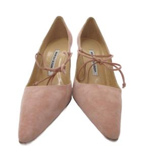 MANOLO BLAHNIK パンプス ヒール スエード レースアップ 38.5 ピンク /JS