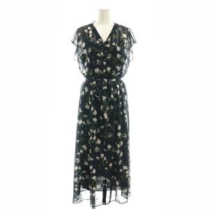 フラワードローイングプリントVネックワンピース ロング 38 チャコールブラック マルチカラー /ES
