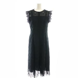 リーフボーダーレースフレア ワンピース ロング 38 ブラック ネイビー /ES OS