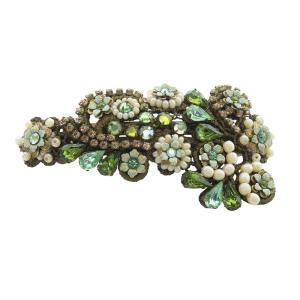 フラワー装飾 ビーズ ビジュー バレッタ 緑 グリーン /SR26