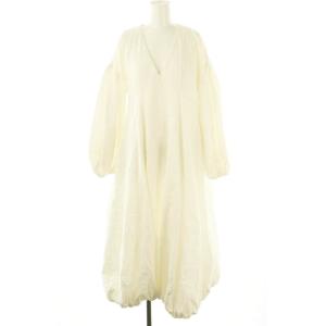 バルーンスリーブフレアワンピース ロング 長袖 Vネック リネン F オフホワイト /DO OS