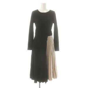長袖ベルト付配色プリーツニットワンピース ミモレ ロング 2 黒 ブラック ベージュ /AT OS