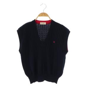 ロゴ刺繍 ニットベスト プルオーバー ケーブル編み L 紺 ネイビー /AT OS