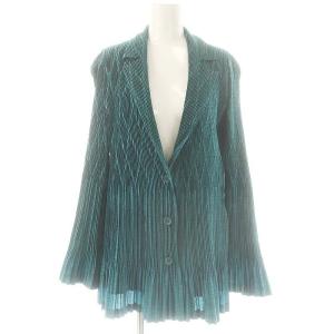 極美品✨PLEATS PLEASE プリーツ　グリーン　ノーカラー　カーディガン PLEATS PLEASE ISSEY MIYAKE】プリーツプリーズイッセイミヤケ