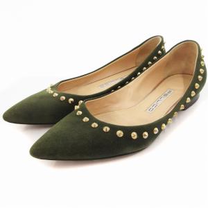パンプス ポインテッドトゥ ローヒール スタッズ 35 22cm 緑 グリーン ゴールドカラー /OU