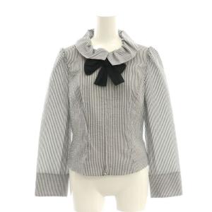 リボン ストライプ ジップアップ シャツ 長袖 38 M グレー 白 ホワイト /SY OS