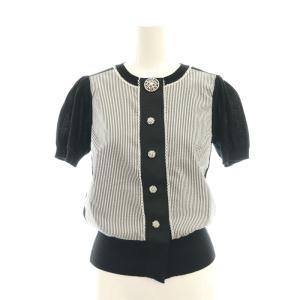 パール ビジュー ストライプ カーディガン 半袖 38 M 黒 ブラック 白 ホワイト /SY OS