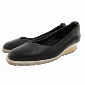 パンプス シューズ ラウンドトゥ ウッドソール レザー 25.0cm 黒 ブラック /HO