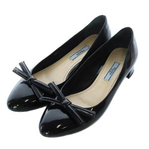パンプス チャンキーヒール リボン エナメル パテントレザー 37 24cm 黒 ブラック DNC658