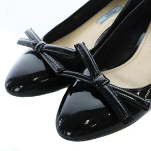 PRADA パンプス チャンキーヒール リボン エナメル パテントレザー 37 24cm 黒 ブラック DNC658