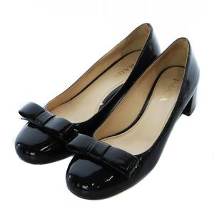 パンプス ラウンドトゥ チャンキーヒール リボン パテントレザー エナメル 37 24cm 黒 ブラック