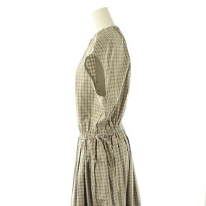 Drawer 23SS チェック コットンギャザーフレアマキシ半袖ワンピース 36 グレー ベージュ /MI OS