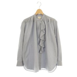 コットンチェックスタンドフリルシャツ ブラウス 長袖 前開き 36 紺 ネイビー /NR OS