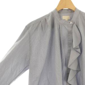 Drawer コットンチェックスタンドフリルシャツ ブラウス 長袖 前開き 36 紺 ネイビー /NR OS