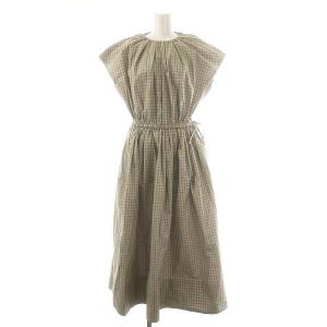 チェックギャザー フレンチスリーブワンピース 36 グレー ベージュ /MI OS SH
