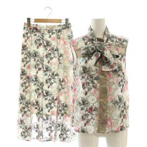 セットアップ フラワープリントレース切替 トップ ボウタイブラウス マーメイドスカート 36 マルチカラー
