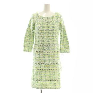 ツイードチェックニットワンピース 膝丈 36 グリーン イエロー ホワイト /ES OS