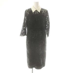 レース コード刺繍 七分袖 ワンピース 36 黒 白 /MI OS