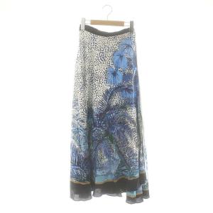 エキゾチックプリントスカート ラップスカート フレア リネン 36 青 紺 白 /MI OS