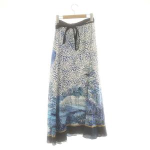 Grace Class エキゾチックプリントスカート ラップスカート フレア リネン 36 青 紺 白 /MI OS