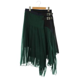アシンメトリープリーツロングスカート ラップ 2 グリーン ブラック 19-04402 /HK OS