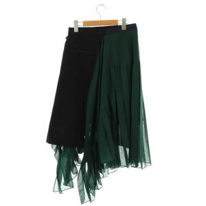 sacai アシンメトリープリーツロングスカート ラップ 2 グリーン ブラック 19-04402 /HK OS
