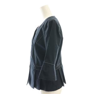 Leilian 七分袖 ノーカラージャケット タック 11 紺 ネイビー /AT OS