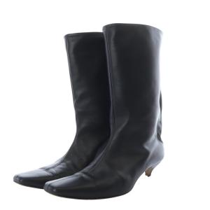 ブーツ ミドル ハイヒール スクエアトゥ レザー 38.5 ブラック /YO19