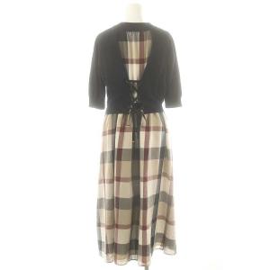 BLUE LABEL CRESTBRIDGE バックリボンチェック柄切替ワンピース ロング ニット 七分袖 36 ネイビー マルチカラー /DO OS