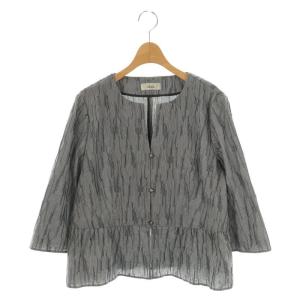 ノーカラーストライプワッシャーブラウス 七分袖 13+ 紺 ネイビー /AT OS