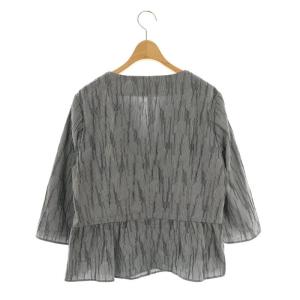 Leilian ノーカラーストライプワッシャーブラウス 七分袖 13+ 紺 ネイビー /AT OS