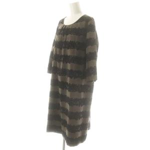 Leilian フロッキーレースプリントウールワンピース ミモレ ロング 七分袖 13+ グレー /AT OS