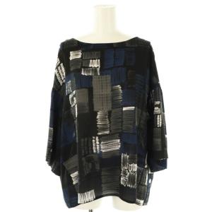 総柄プリントシフォンブラウス プルオーバー 七分袖 13+ グレー 黒 ブラック /AT OS