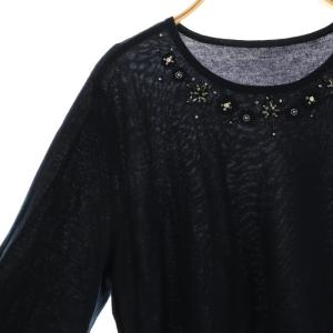 Leilian ウール混ビジューニットプルオーバー カットソー 長袖 13+ 紺 ネイビー /AT OS