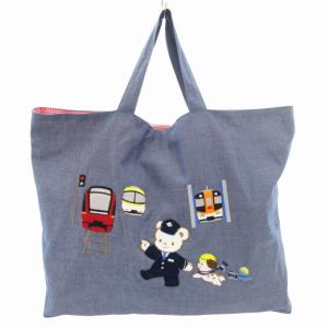 ハンドバッグ トート クマ刺繍 裏地チェック 紺 ネイビー /GV