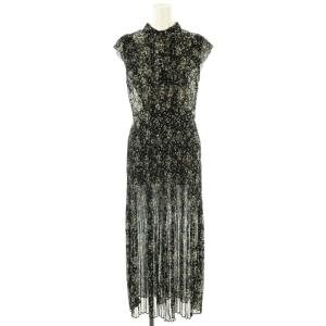 24SS プリーツデザインシフォンプリントワンピ ワンピース ロング ノースリーブ 1 ブラック /HK