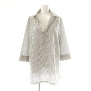 vingt-trois ストライプ七分袖スキッパーシャツ 大きいサイズ 46 グレー オフホワイト /DO