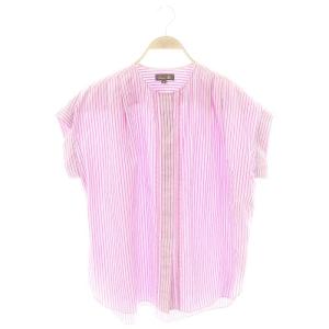コットンストライプフロントレースブラウス ノーカラー 38 ピンク 青 白 /MI OS