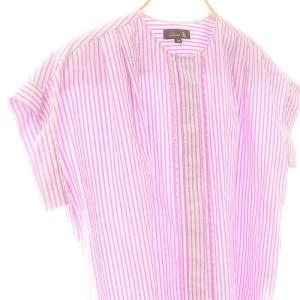 Drawer コットンストライプフロントレースブラウス ノーカラー 38 ピンク 青 白 /MI OS