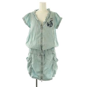 デニム ジップアップ 半袖 ワンピース ミニ F 水色 ライトブルー /SS OS