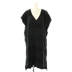 サイドボタンボーダーワンピース ロング フレンチスリーブ Vネック F ブラック /DO OS SH