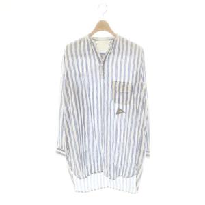 ハーフボタン ストライプシャツ 長袖 スキッパー 青 ブルー 白 ホワイト /AT OS SH